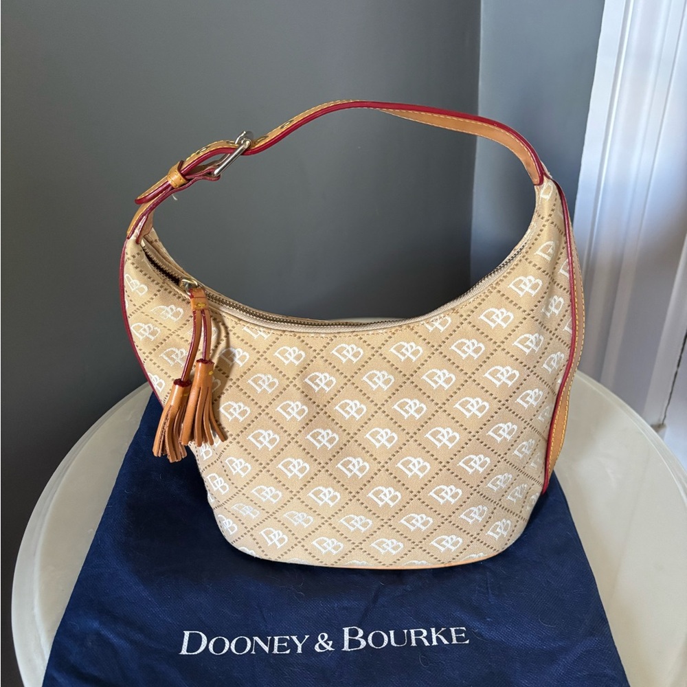 Dooney & Bourke Beige Signature Hobo with Red Trim